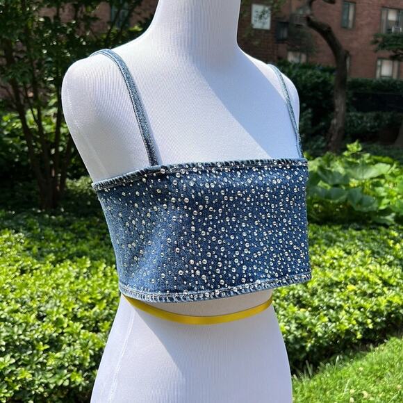 Zara Blue Denim Rhinestone Embellished Crop Top - Picture 3 of 12